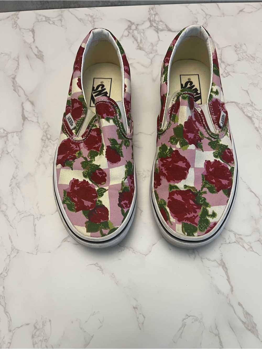 Vans Slip-On Floral Checkerboard Sneakers - Pink, Red & Green